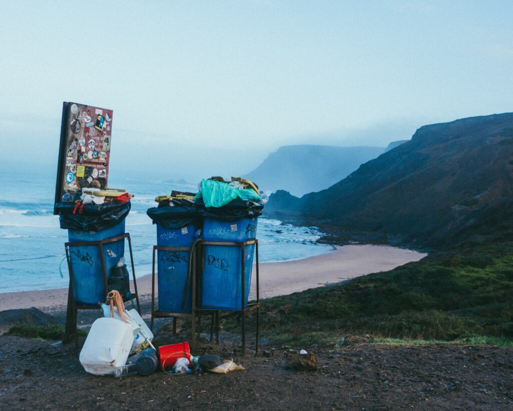 Photo illustrant des poubelles en face d'un paysage naturel. En lien avec le quizz